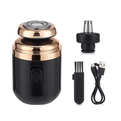 Black Portable Mini Electric Shaver for Men - USB Fast-Charge Travel Razor with Washable Head & Nose Trimmer Attachment
