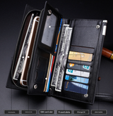 Black Men's Business Casual Long Wallet Clutch - PU Leather Large Capacity Phone & Card Holder with Wrist Strap - 45-Degree Angle