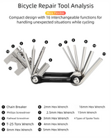 Black and Silver 16 in 1 Bicycle Repair Multi Tool - Compact Folding Bike Tool Kit with Chain Breaker for MTB Road Cycling - 45-Degree Angle