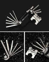 Black and Silver 16 in 1 Bicycle Repair Multi Tool - Compact Folding Bike Tool Kit with Chain Breaker for MTB Road Cycling - Close-Up Angle