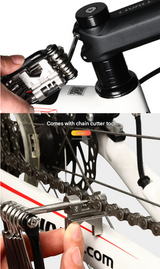 Black and Silver 16 in 1 Bicycle Repair Multi Tool - Compact Folding Bike Tool Kit with Chain Breaker for MTB Road Cycling - Low Angle