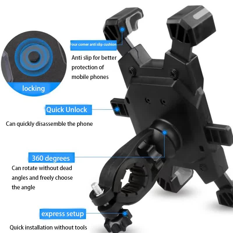 Black Secure Grip Bike Phone Mount - Adjustable 360 Rotation Bicycle Handlebar Holder, Universal Cra