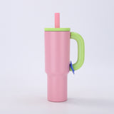 Pink 40oz Macron Stainless Steel Insulated Tumbler with Handle and Straw - 14.8 x 10.5 x 28 cm Large Capacity Car-Friendly Travel Mug
