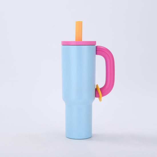 Blue 40oz Macron Stainless Steel Insulated Tumbler with Handle and Straw - 14.8 x 10.5 x 28 cm Large Capacity Car-Friendly Travel Mug