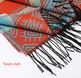 Black Blue Palindrome Fringe Bohemian Fringe Shawl Cloak - 160 x 135 cm Ethnic Inner Mongolia Style Double-Sided Scarf Cape - Front View