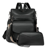 Black Women's Retro PU Leather Backpack - Dual-Color Tassel Design, Winter High-End Style