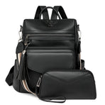 Black Women's Retro PU Leather Backpack - Dual-Color Tassel Design, Winter High-End Style