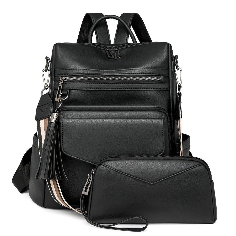 Black Women's Retro PU Leather Backpack - Dual-Color Tassel Design, Winter High-End Style