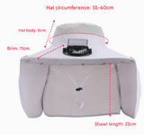Dark Grey Outdoor Solar Fan Sun Hat - Large Brim Fishing Hiking Hat with Neck Cape - Side View