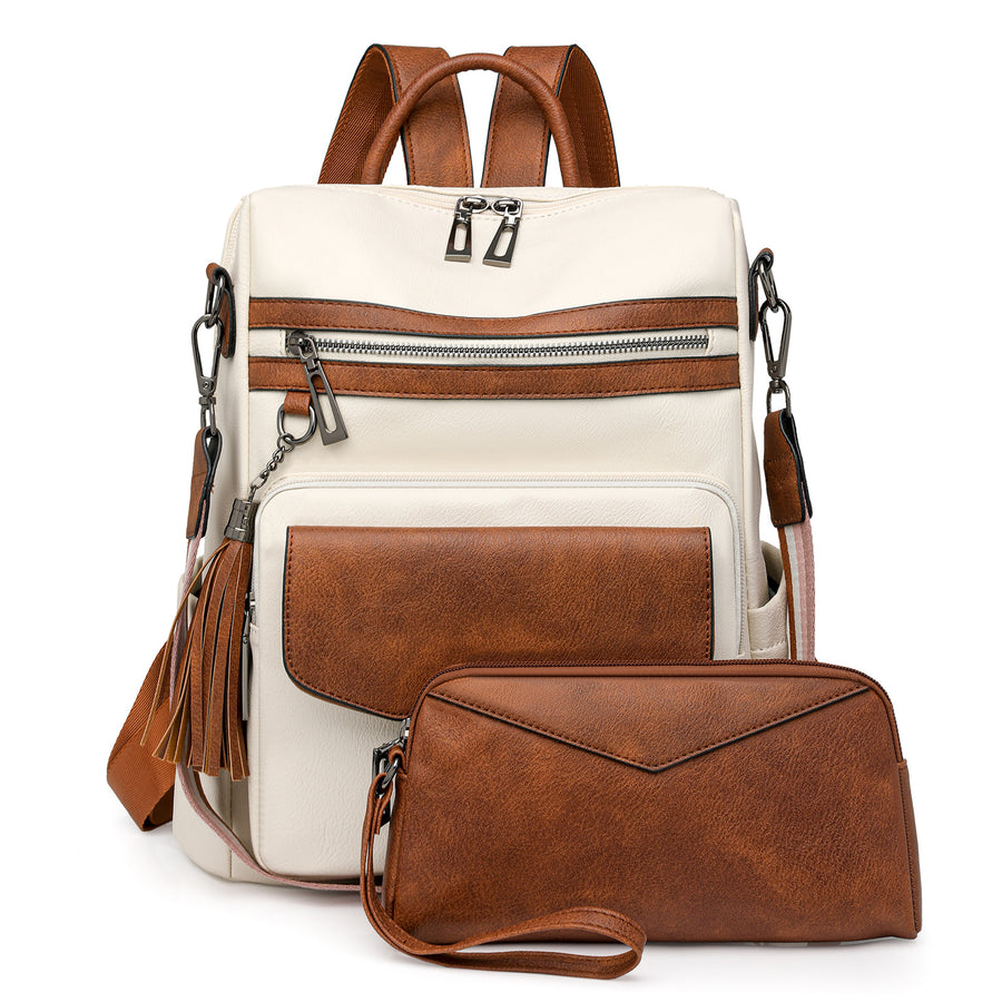 White-brown Women's Retro PU Leather Backpack - Dual-Color Tassel Design, Winter High-End Style