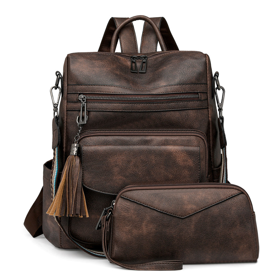 Dark-brown Women's Retro PU Leather Backpack - Dual-Color Tassel Design, Winter High-End Style