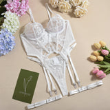 XL White 3-Piece Embroidered Lace Lingerie Set with Boned Corset - Seductive Elegance - Top-Down View