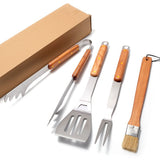 Premium 4-Piece BBQ Tool Set with Rubberwood Handles - Kraft Box - Front View