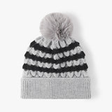 2-PCS Grey Stylish Two-Tone Pom-Pom Ear Warmer Knit Hat - Lined for Women