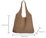 White Handwoven Knitted Tote Bag - Vintage Style Shoulder Bag - Front View