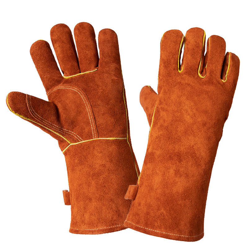 Coffee 14-Inch Premium Leather BBQ Gloves - Heat-Resistant Up to 500?C