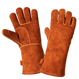 Coffee 14-Inch Premium Leather BBQ Gloves - Heat-Resistant Up to 500?C