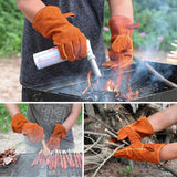 Black-grey 14-Inch Premium Leather BBQ Gloves - Heat-Resistant Up to 500 Degree - Front View