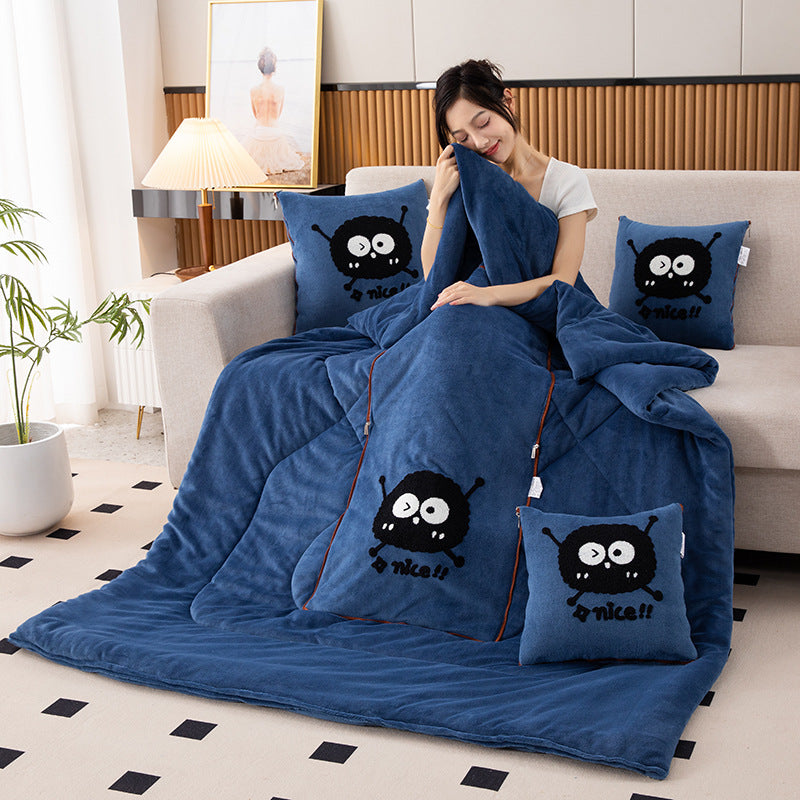 Jewel Blue Padded and Thickened Elf 2-in-1 Foldable Car Pillow Blanket - Cozy 40x40cm Pillow, Unfolds to 100x150cm Blanket for Travel and Office Naps