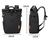 Black Urban Explorer Roll-Top Backpack - Water-Resistant Large Capacity Bag for Travel, Work & Laptop - Front View