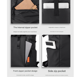 Black Urban Explorer Roll-Top Backpack - Water-Resistant Large Capacity Bag for Travel, Work & Laptop