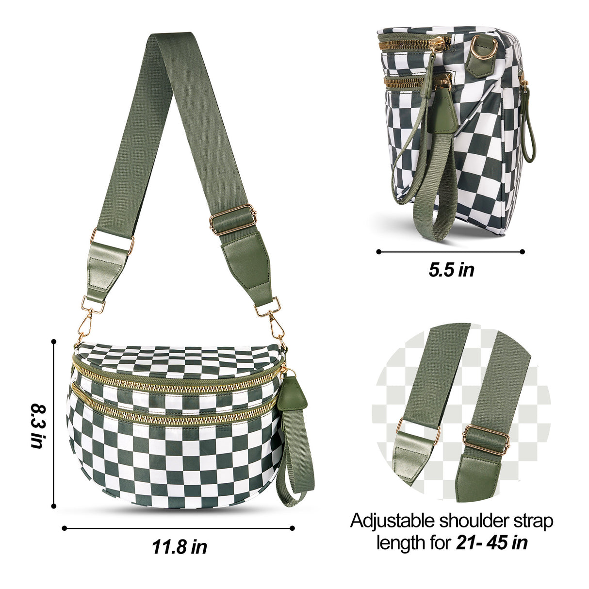 Green Checkered Trendy Sling Bag - Women's Crescent Crossbody Purse with Wide Adjustable Strap