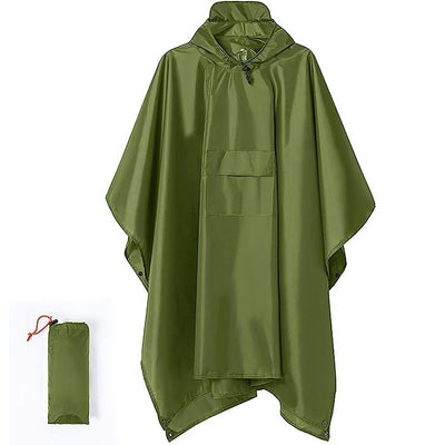 Green 3-in-1 Waterproof Rain Poncho - Lightweight Hooded Raincoat, Ground Tarp & Emergency Shelter for Hiking, Camping, and Outdoor Survival