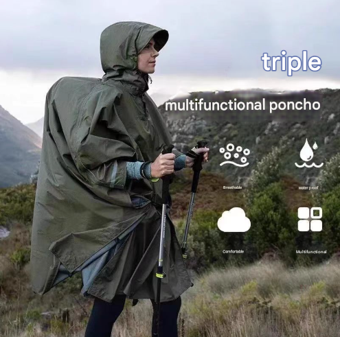 Grey 3-in-1 Waterproof Rain Poncho - Lightweight Hooded Raincoat, Ground Tarp & Emergency Shelter for Hiking, Camping, and Outdoor Survival