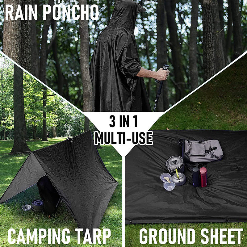 Grey 3-in-1 Waterproof Rain Poncho - Lightweight Hooded Raincoat, Ground Tarp & Emergency Shelter for Hiking, Camping, and Outdoor Survival