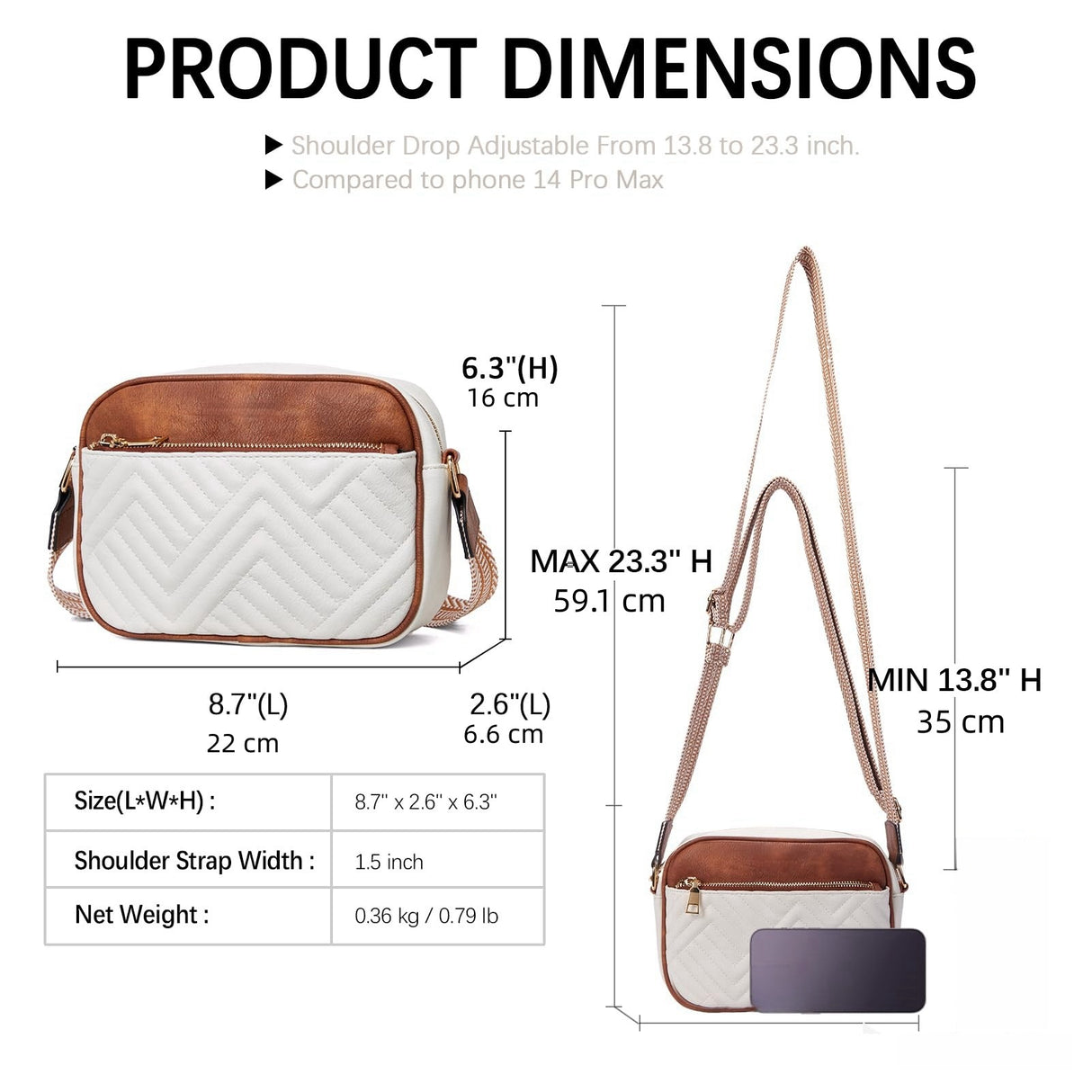 Double Zipper White Brown Chic Quilted Crossbody Bag - Vintage PU Leather Shoulder Purse with Adjustable Strap