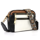 Double Zipper Black White Brown Chic Quilted Crossbody Bag - Vintage PU Leather Shoulder Purse with Adjustable Strap