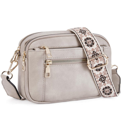 Double Zipper Grey Chic Quilted Crossbody Bag - Vintage PU Leather Shoulder Purse with Adjustable Strap