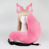 Pink Plush Faux Fur Fox Ears Headband and Tail Set - Realistic Animal Costume for Cosplay & Parties