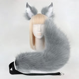 Grey Plush Faux Fur Fox Ears Headband and Tail Set - Realistic Animal Costume for Cosplay & Parties