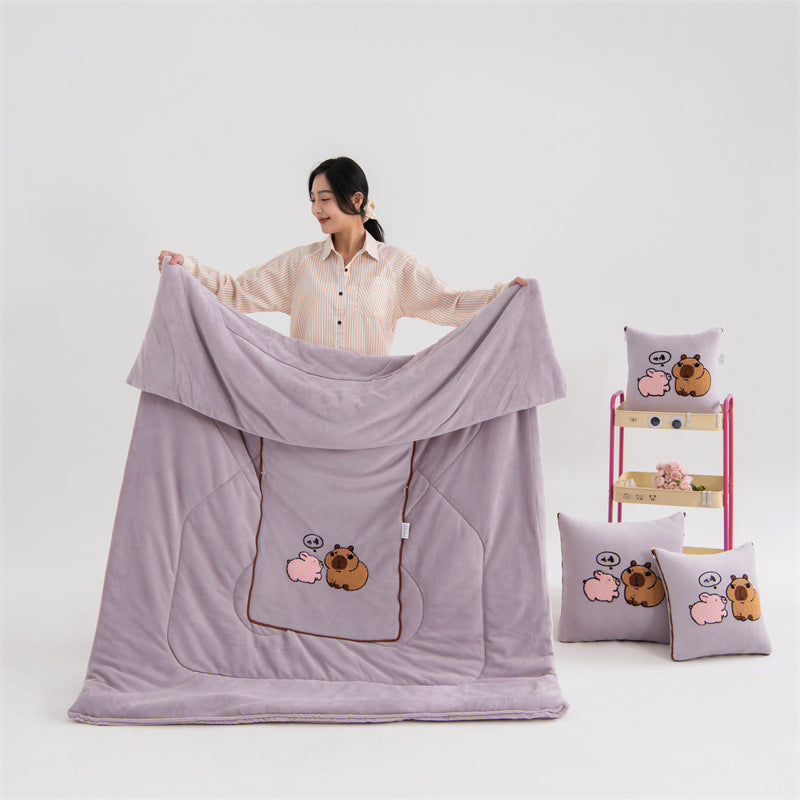 Light Pink Kapybara - 2-in-1 Foldable Car Pillow Blanket - Cozy 40x40cm Pillow, Unfolds to 100x150cm Blanket for Travel and Office Naps