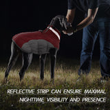 L Red Grey Premium Winter Puffer Dog Coat - Windproof & Fleece-Lined Jacket for Cold Weather - 45-Degree Angle