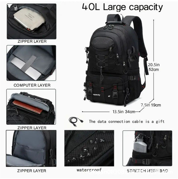 Orange 40L Large Capacity Travel Backpack - Water-Resistant Hiking Rucksack with USB Charging Port