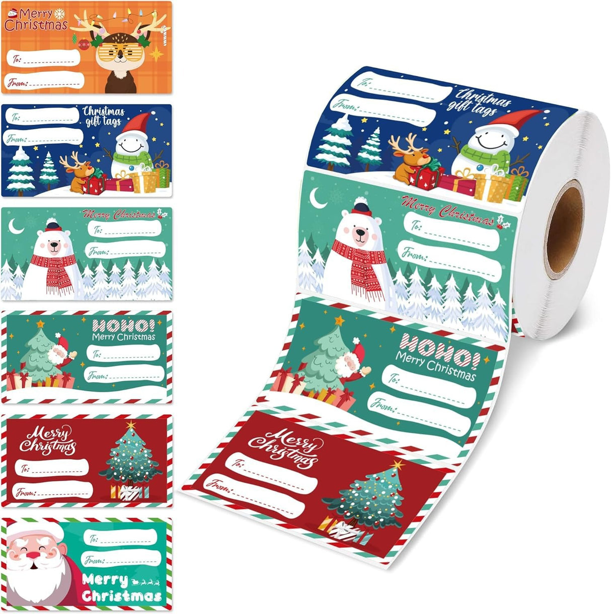 Set of 4 Christmas Gift Tag Sticker Rolls - 2000 Self-Adhesive Labels for Presents