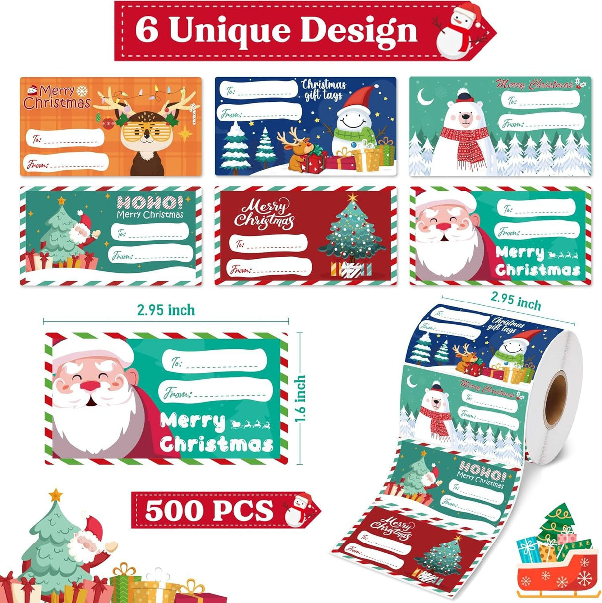 Set of 4 Christmas Gift Tag Sticker Rolls - 2000 Self-Adhesive Labels for Presents