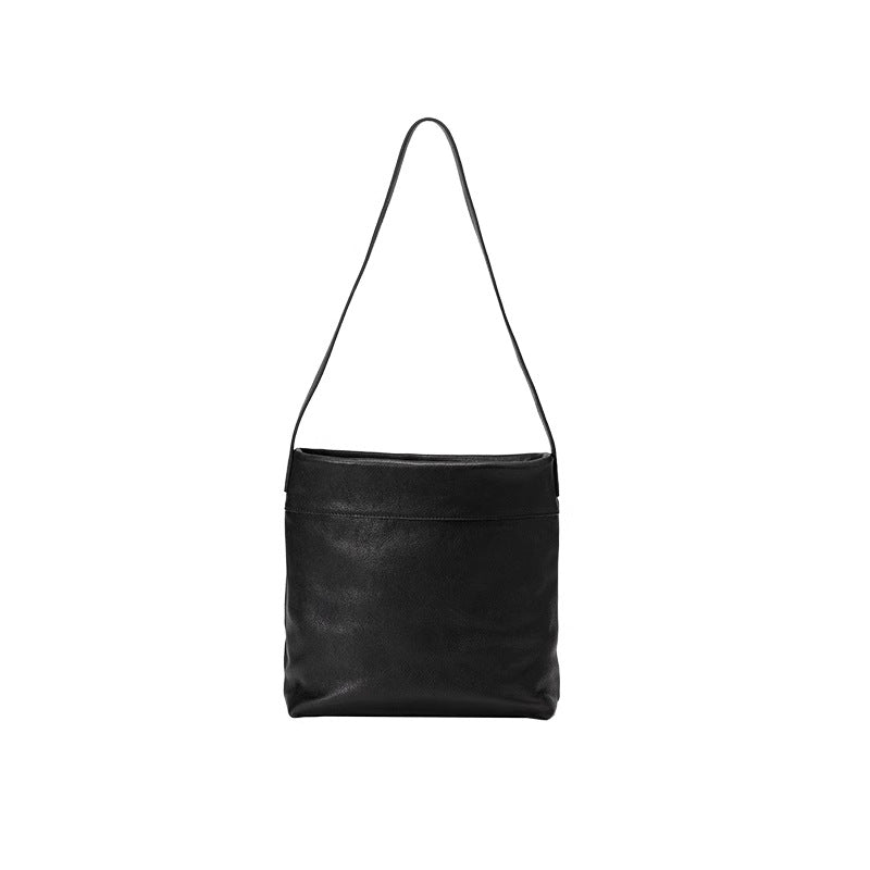 Black Minimalist Vintage-Style PU Leather Shoulder Bag Casual Commuter Tote