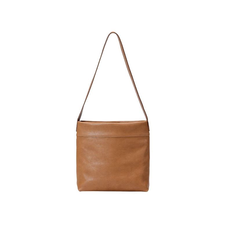 Light Brown Minimalist Vintage-Style PU Leather Shoulder Bag Casual Commuter Tote