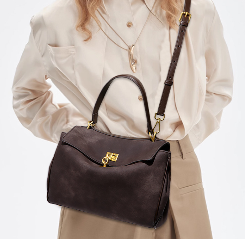 Coffee Women's Vintage Suede Satchel Bag - Elegant Top Handle Purse with Gold Lock