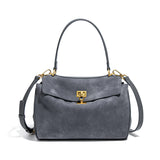 Grey Women's Vintage Suede Satchel Bag - Elegant Top Handle Purse with Gold Lock