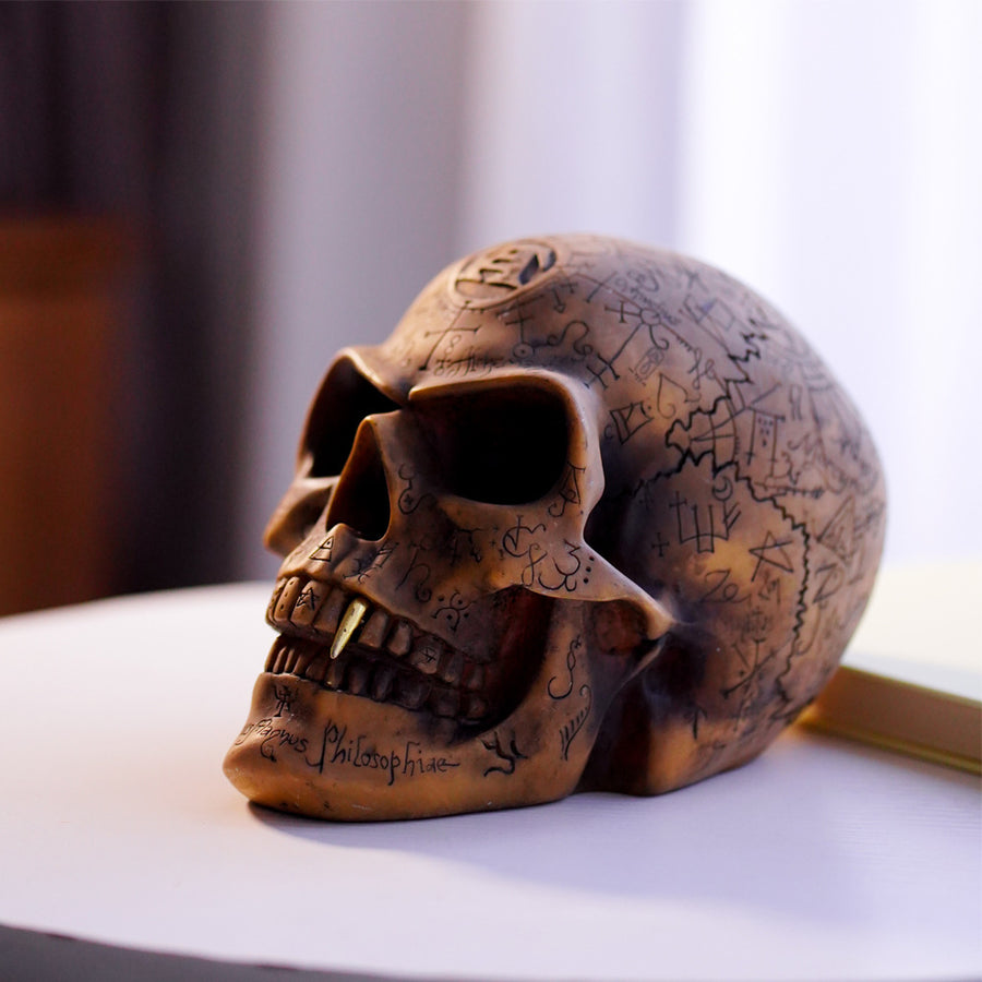 Mystic Runic Skull Statue with Gold Fang - Hand-Painted Resin Figurine for Gothic & Halloween Decor
