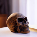 Mystic Runic Skull Statue with Gold Fang - Hand-Painted Resin Figurine for Gothic & Halloween Decor - Front View