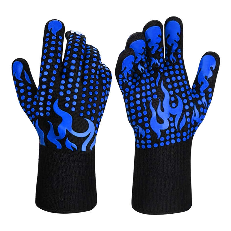 Blue a Pair Of Extreme Heat Resistant BBQ Gloves (500°C) - Aramid Fiber with Non-Slip Silicone Grip for Grilling & Oven Use