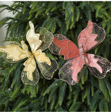 Champagne Gold Large Glitter Butterfly Christmas Ornaments (Set of 2) - Clip-On Decorations for Trees & Wreaths - Front View
