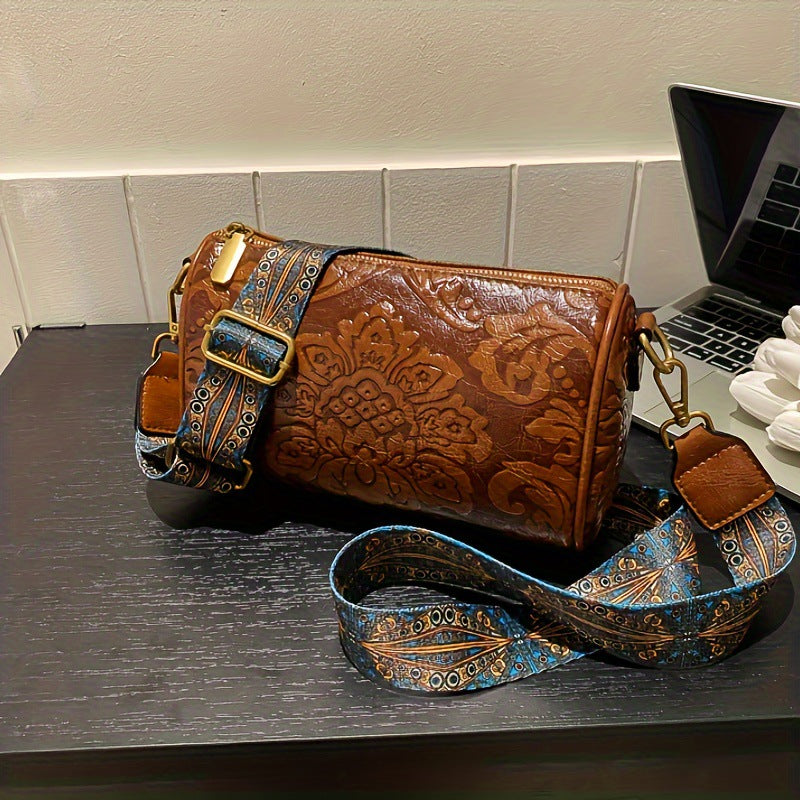 Black Vintage Embossed Crossbody Barrel Bag with Wide Adjustable Guitar Strap