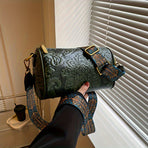 Green Vintage Embossed Crossbody Barrel Bag with Wide Adjustable Guitar Strap