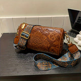 Green Vintage Embossed Crossbody Barrel Bag with Wide Adjustable Guitar Strap